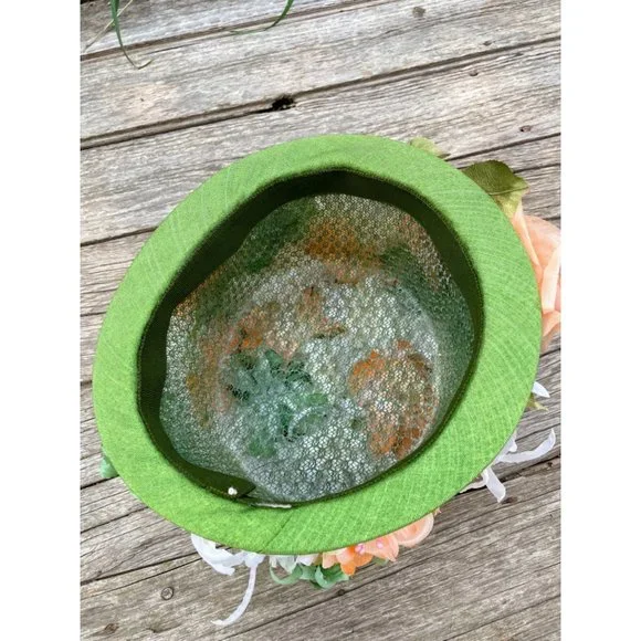 Vintage 1960s Millinery Flower Bucket Hat Peach and Green